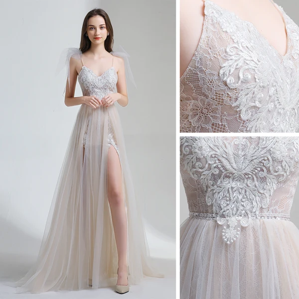 Erschwinglich Champagner Sommer Strand Brautkleider / Hochzeitskleider 2020 A Linie Spaghettiträger Ärmellos Applikationen Spitze Rückenfreies Gespaltete Front Sweep / Pinsel Zug Rüschen