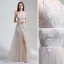 Erschwinglich Champagner Sommer Strand Brautkleider / Hochzeitskleider 2020 A Linie Spaghettiträger Ärmellos Applikationen Spitze Rückenfreies Gespaltete Front Sweep / Pinsel Zug Rüschen