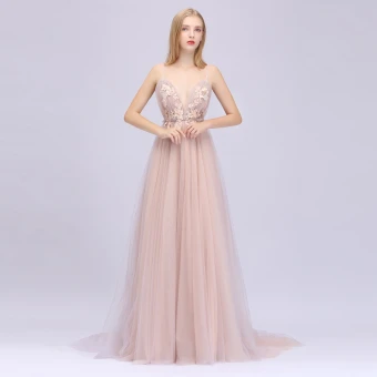 Sexy Perle Rose Robe De Bal 2020 Princesse Bretelles Spaghetti Sans Manches Appliques Fleur Perlage Paillettes Train De Balayage Volants Dos Nu Robe De Ceremonie