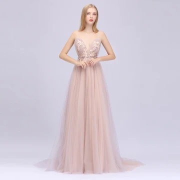 Sexy Perle Rose Robe De Bal 2020 Princesse Bretelles Spaghetti Sans Manches Appliques Fleur Perlage Paillettes Train De Balayage Volants Dos Nu Robe De Ceremonie