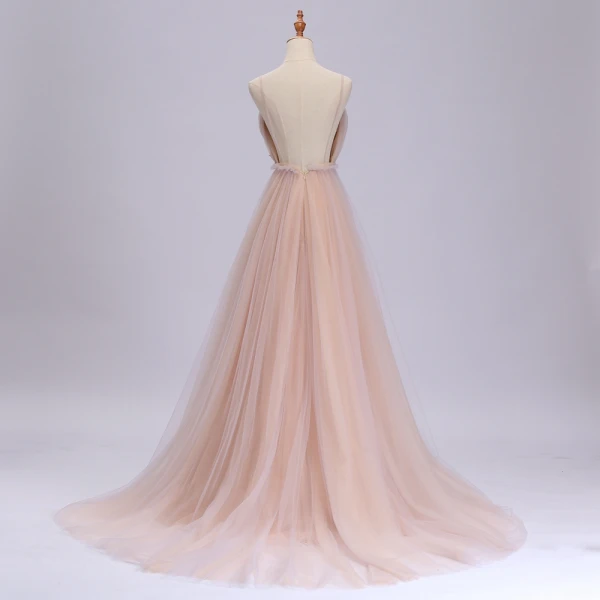 Sexy Perle Rose Robe De Bal 2020 Princesse Bretelles Spaghetti Sans Manches Appliques Fleur Perlage Paillettes Train De Balayage Volants Dos Nu Robe De Ceremonie