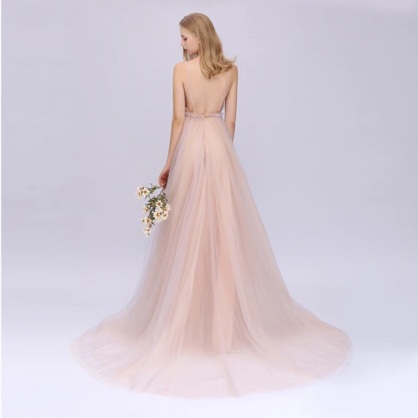 Sexy Perle Rose Robe De Bal 2020 Princesse Bretelles Spaghetti Sans Manches Appliques Fleur Perlage Paillettes Train De Balayage Volants Dos Nu Robe De Ceremonie