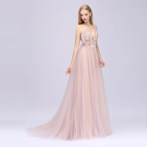 Sexy Perle Rose Robe De Bal 2020 Princesse Bretelles Spaghetti Sans Manches Appliques Fleur Perlage Paillettes Train De Balayage Volants Dos Nu Robe De Ceremonie