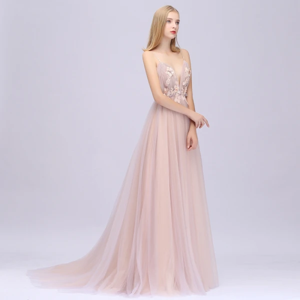 Sexy Perle Rose Robe De Bal 2020 Princesse Bretelles Spaghetti Sans Manches Appliques Fleur Perlage Paillettes Train De Balayage Volants Dos Nu Robe De Ceremonie