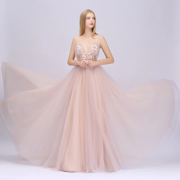 Sexy Perle Rose Robe De Bal 2020 Princesse Bretelles Spaghetti Sans Manches Appliques Fleur Perlage Paillettes Train De Balayage Volants Dos Nu Robe De Ceremonie
