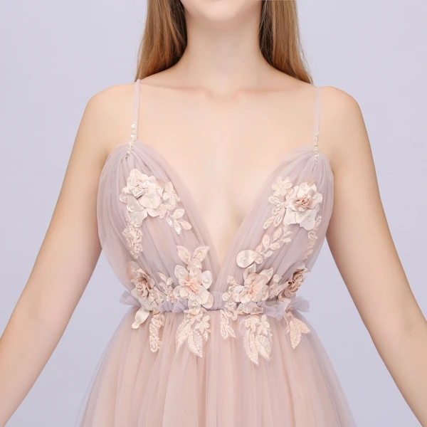 Sexy Perle Rose Robe De Bal 2020 Princesse Bretelles Spaghetti Sans Manches Appliques Fleur Perlage Paillettes Train De Balayage Volants Dos Nu Robe De Ceremonie