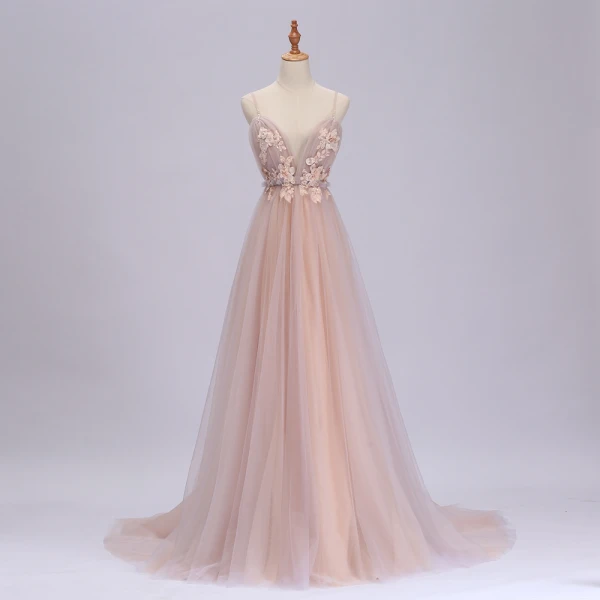 Sexy Perle Rose Robe De Bal 2020 Princesse Bretelles Spaghetti Sans Manches Appliques Fleur Perlage Paillettes Train De Balayage Volants Dos Nu Robe De Ceremonie