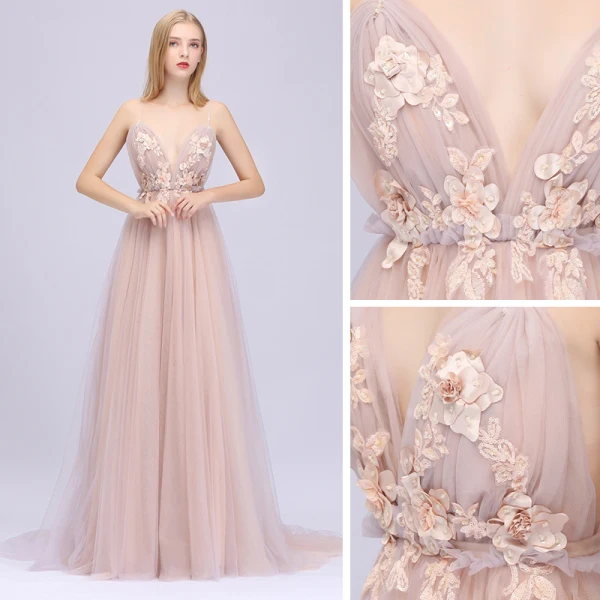 Sexy Perle Rose Robe De Bal 2020 Princesse Bretelles Spaghetti Sans Manches Appliques Fleur Perlage Paillettes Train De Balayage Volants Dos Nu Robe De Ceremonie