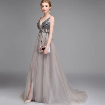 Sexy Grey Prom Dresses 2020 A Line Princess Deep V Neck Sleeveless Beading Sequins Split Front Sweep Train Backless Ruffle Formal Dresses