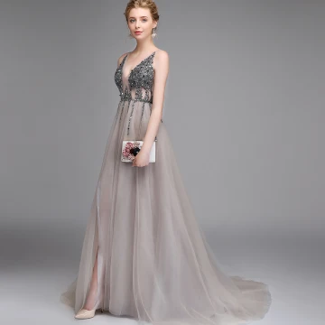 Sexy Grey Prom Dresses 2020 A Line Princess Deep V Neck Sleeveless Beading Sequins Split Front Sweep Train Backless Ruffle Formal Dresses