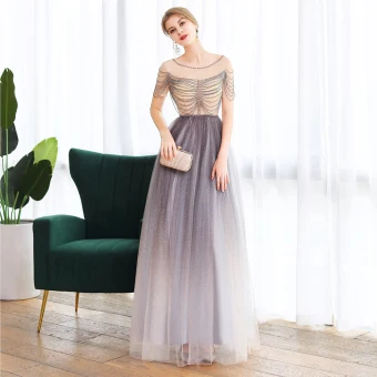 Eleganta Purple Dansande Balklänningar 2020 Prinsessa Genomskinliga Urringning Korta Ärm Beading Glittriga Glitter Tyll Långa Ruffle Halterneck Formella Klänningar
