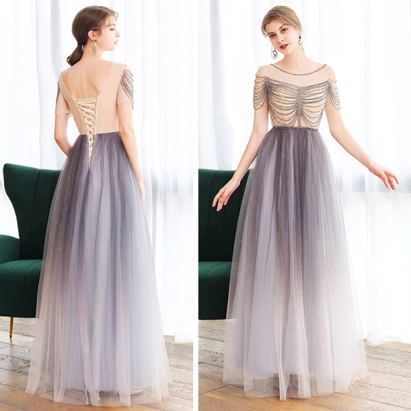 Elegant Purple Dancing Prom Dresses 2020 A-Line / Princess See-through Scoop Neck Short Sleeve Beading Glitter Tulle Floor-Length / Long Ruffle Backless Formal Dresses