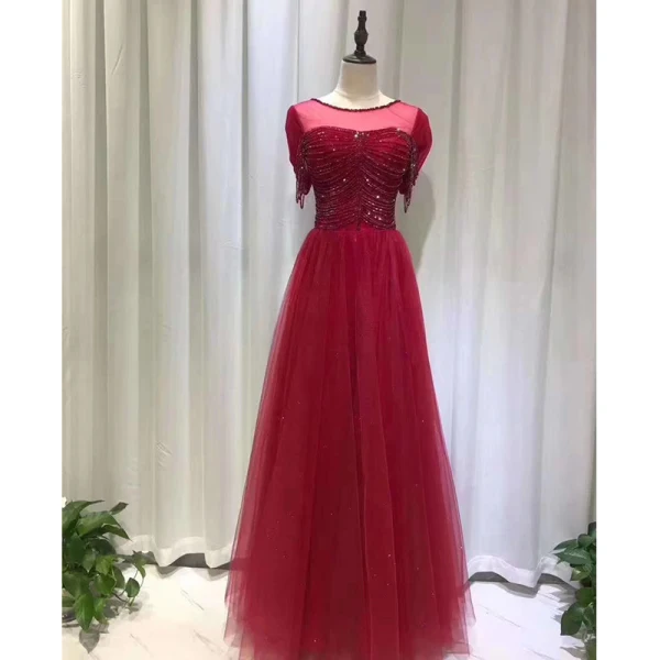 Elegant Purple Dancing Prom Dresses 2020 A-Line / Princess See-through Scoop Neck Short Sleeve Beading Glitter Tulle Floor-Length / Long Ruffle Backless Formal Dresses