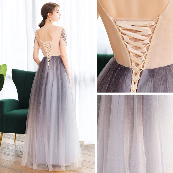 Elegant Purple Dancing Prom Dresses 2020 A-Line / Princess See-through Scoop Neck Short Sleeve Beading Glitter Tulle Floor-Length / Long Ruffle Backless Formal Dresses