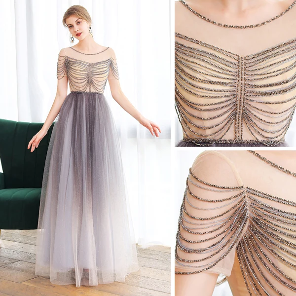 Elegant Purple Dancing Prom Dresses 2020 A-Line / Princess See-through Scoop Neck Short Sleeve Beading Glitter Tulle Floor-Length / Long Ruffle Backless Formal Dresses