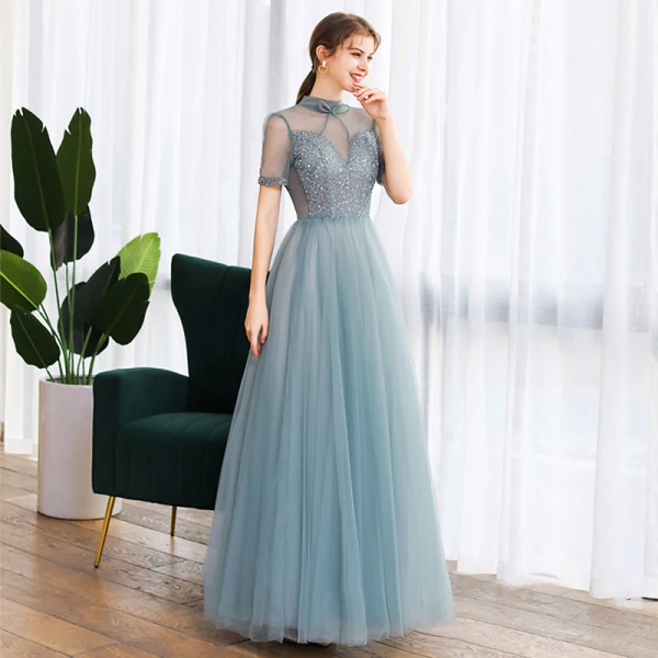 Vintage / Retro Green Dancing Prom Dresses 2020 A-Line / Princess See-through High Neck Sleeveless Beading Floor-Length / Long Ruffle Backless Formal Dresses