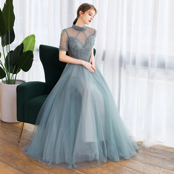 Vintage / Retro Green Dancing Prom Dresses 2020 A-Line / Princess See-through High Neck Sleeveless Beading Floor-Length / Long Ruffle Backless Formal Dresses