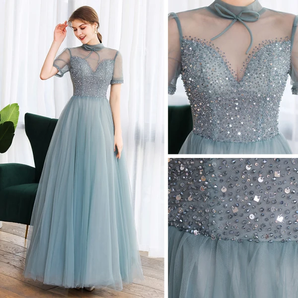 Vintage / Retro Green Dancing Prom Dresses 2020 A-Line / Princess See-through High Neck Sleeveless Beading Floor-Length / Long Ruffle Backless Formal Dresses