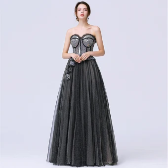 Chic Noire Dansant Robe De Bal 2020 Princesse Amoureux Sans Manches Paillettes Glitter Tulle Train De Balayage Volants Dos Nu Robe De Ceremonie