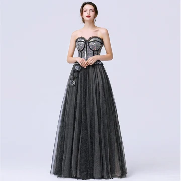 Chic Noire Dansant Robe De Bal 2020 Princesse Amoureux Sans Manches Paillettes Glitter Tulle Train De Balayage Volants Dos Nu Robe De Ceremonie