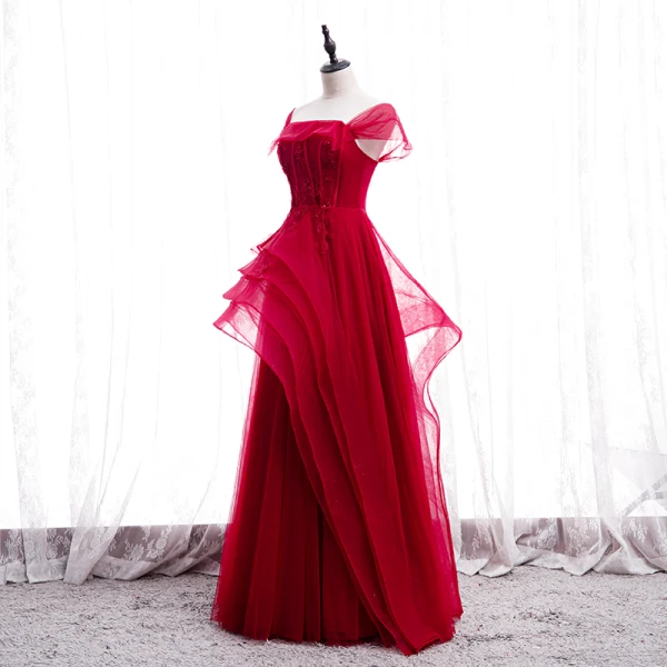 Chic / Belle Rouge Dansant Robe De Bal 2020 Princesse Encolure Carrée Sans Manches Appliques En Dentelle Perlage Longue Volants Dos Nu Robe De Ceremonie