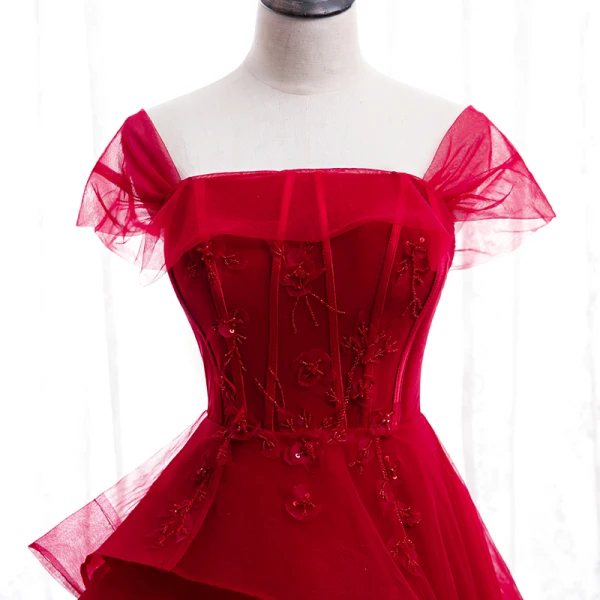 Chic / Belle Rouge Dansant Robe De Bal 2020 Princesse Encolure Carrée Sans Manches Appliques En Dentelle Perlage Longue Volants Dos Nu Robe De Ceremonie