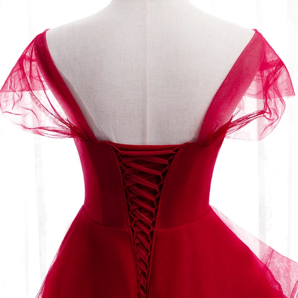Chic / Belle Rouge Dansant Robe De Bal 2020 Princesse Encolure Carrée Sans Manches Appliques En Dentelle Perlage Longue Volants Dos Nu Robe De Ceremonie