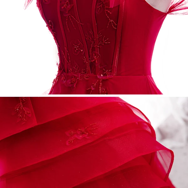 Chic / Belle Rouge Dansant Robe De Bal 2020 Princesse Encolure Carrée Sans Manches Appliques En Dentelle Perlage Longue Volants Dos Nu Robe De Ceremonie