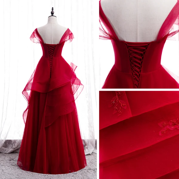 Chic / Belle Rouge Dansant Robe De Bal 2020 Princesse Encolure Carrée Sans Manches Appliques En Dentelle Perlage Longue Volants Dos Nu Robe De Ceremonie