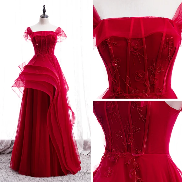 Chic / Belle Rouge Dansant Robe De Bal 2020 Princesse Encolure Carrée Sans Manches Appliques En Dentelle Perlage Longue Volants Dos Nu Robe De Ceremonie