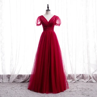 Chic Belle Rouge Dansant Robe De Bal 2020 Princesse V Cou Gonflée Manches Courtes Perlage Longue Volants Dos Nu Robe De Ceremonie