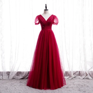 Chic Beautiful Red Dancing Prom Dresses 2020 A Line Princess V Neck Puffy Short Sleeve Beading Floor Length Long Ruffle Backless Formal Dresses