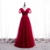 Chic / Beautiful Red Dancing Prom Dresses 2020 A-Line / Princess V-Neck Puffy Short Sleeve Beading Floor-Length / Long Ruffle Backless Formal Dresses