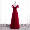 Chic / Beautiful Red Dancing Prom Dresses 2020 A-Line / Princess V-Neck Puffy Short Sleeve Beading Floor-Length / Long Ruffle Backless Formal Dresses