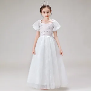 Style Victorien Blanche Robe Ceremonie Fille 2020 Princesse Encolure Dégagée Gonflée Manches Courtes Dos Nu Appliques Fleur Perlage Noeud Ceinture Longue Volants