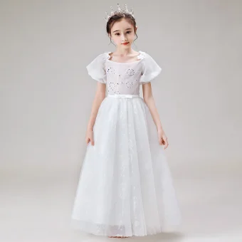 Style Victorien Blanche Robe Ceremonie Fille 2020 Princesse Encolure Dégagée Gonflée Manches Courtes Dos Nu Appliques Fleur Perlage Noeud Ceinture Longue Volants