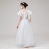 Victorian Style White Flower Girl Dresses 2020 A-Line / Princess Scoop Neck Puffy Short Sleeve Backless Appliques Flower Beading Bow Sash Floor-Length / Long Ruffle