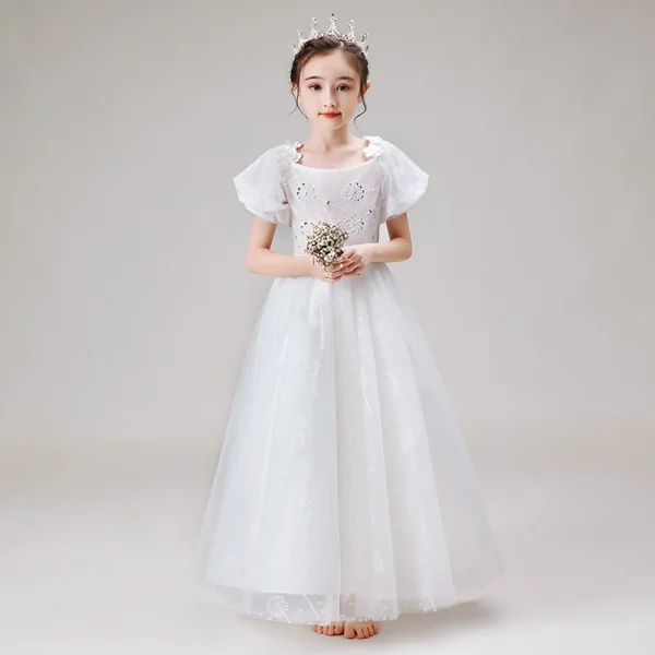 Victorian Style White Flower Girl Dresses 2020 A-Line / Princess Scoop Neck Puffy Short Sleeve Backless Appliques Flower Beading Bow Sash Floor-Length / Long Ruffle