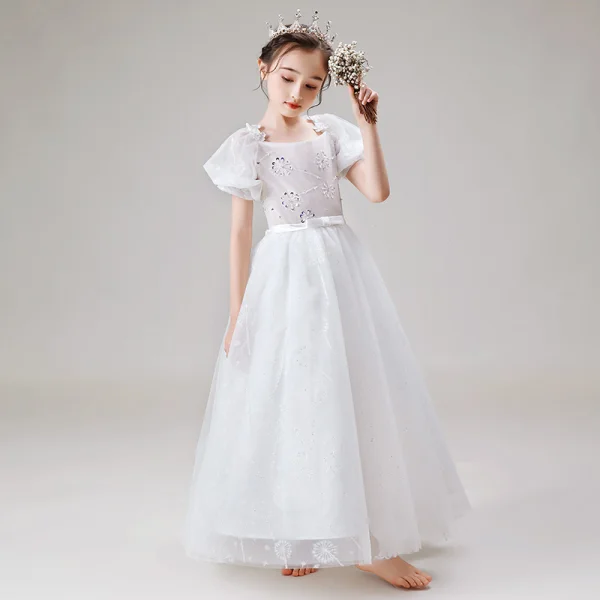 Victorian Style White Flower Girl Dresses 2020 A-Line / Princess Scoop Neck Puffy Short Sleeve Backless Appliques Flower Beading Bow Sash Floor-Length / Long Ruffle