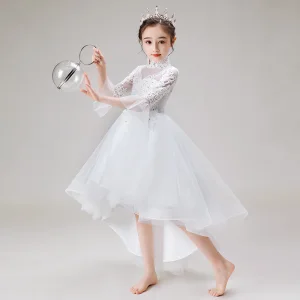 High Low White Birthday Flower Girl Dresses 2020 Ball Gown See Through High Neck Sleeveless Appliques Lace Beading Asymmetrical Ruffle