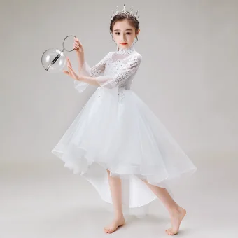High Low White Birthday Flower Girl Dresses 2020 Ball Gown See Through High Neck Sleeveless Appliques Lace Beading Asymmetrical Ruffle