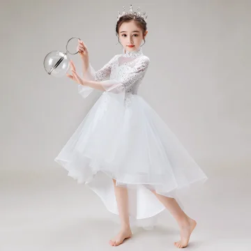 Haute Basse Blanche Anniversaire Robe Ceremonie Fille 2020 Robe Boule Transparentes Col Haut Sans Manches Appliques En Dentelle Perlage Asymétrique Volants