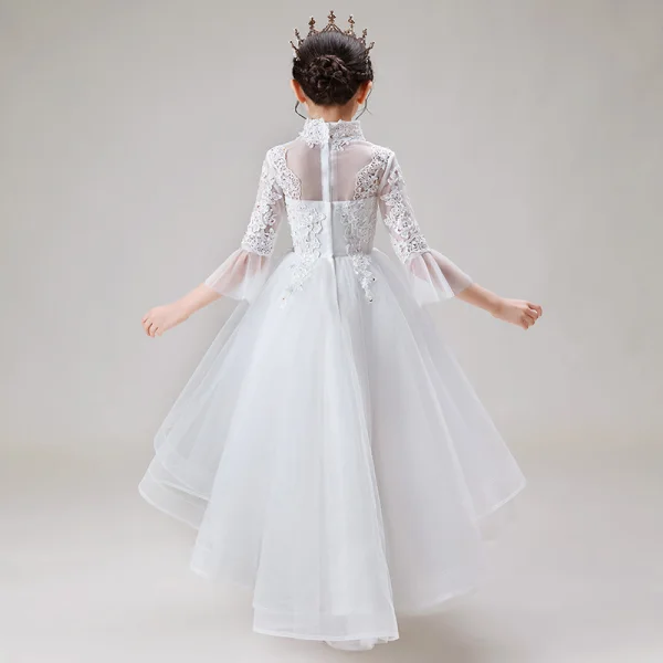 High Low White Birthday Flower Girl Dresses 2020 Ball Gown See-through High Neck Sleeveless Appliques Lace Beading Asymmetrical Ruffle