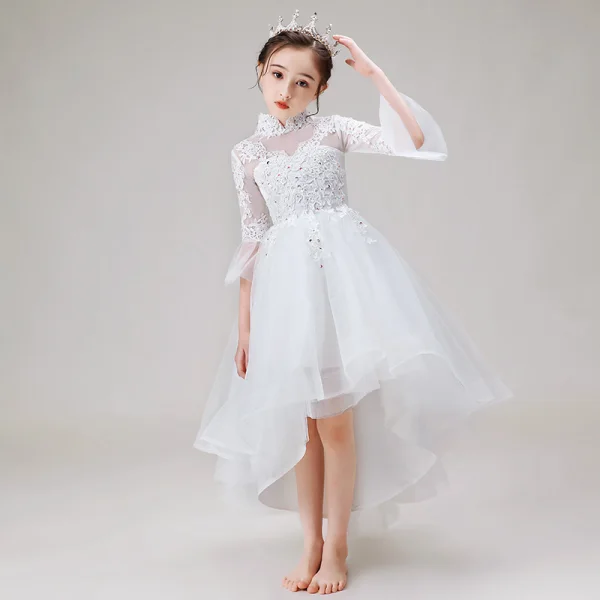 High Low White Birthday Flower Girl Dresses 2020 Ball Gown See-through High Neck Sleeveless Appliques Lace Beading Asymmetrical Ruffle
