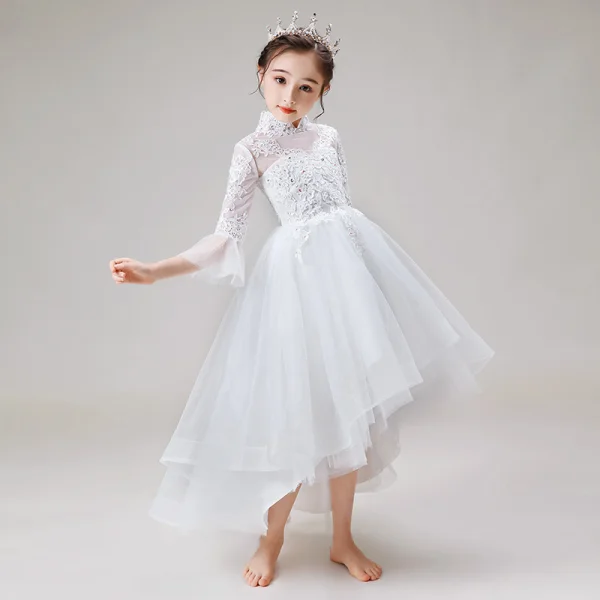 High Low White Birthday Flower Girl Dresses 2020 Ball Gown See-through High Neck Sleeveless Appliques Lace Beading Asymmetrical Ruffle