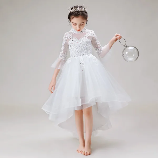 High Low White Birthday Flower Girl Dresses 2020 Ball Gown See-through High Neck Sleeveless Appliques Lace Beading Asymmetrical Ruffle