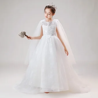 Chic Beautiful White Birthday Flower Girl Dresses With Shawl 2020 Ball Gown Scoop Neck Sleeveless Appliques Lace Beading Pearl Sweep Train