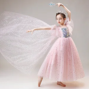 Frozen Movie Kostuum Blozen Roze Verjaardag Bloemenmeisjes Jurken Met Sjaal 2020 Prinses Vierkante Halslijn Korte Mouwen Rhinestone Pailletten Lange Ruche