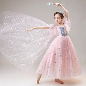 Costume De Film Frozen Rougissant Rose Anniversaire Robe Ceremonie Fille Avec Châle 2020 Princesse Encolure Carrée Manches Courtes Faux Diamant Paillettes Longue Volants