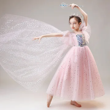 Frozen Movie Kostuum Blozen Roze Verjaardag Bloemenmeisjes Jurken Met Sjaal 2020 Prinses Vierkante Halslijn Korte Mouwen Rhinestone Pailletten Lange Ruche
